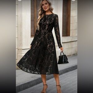Elegant Black Lace Long-Sleeve Midi Dress